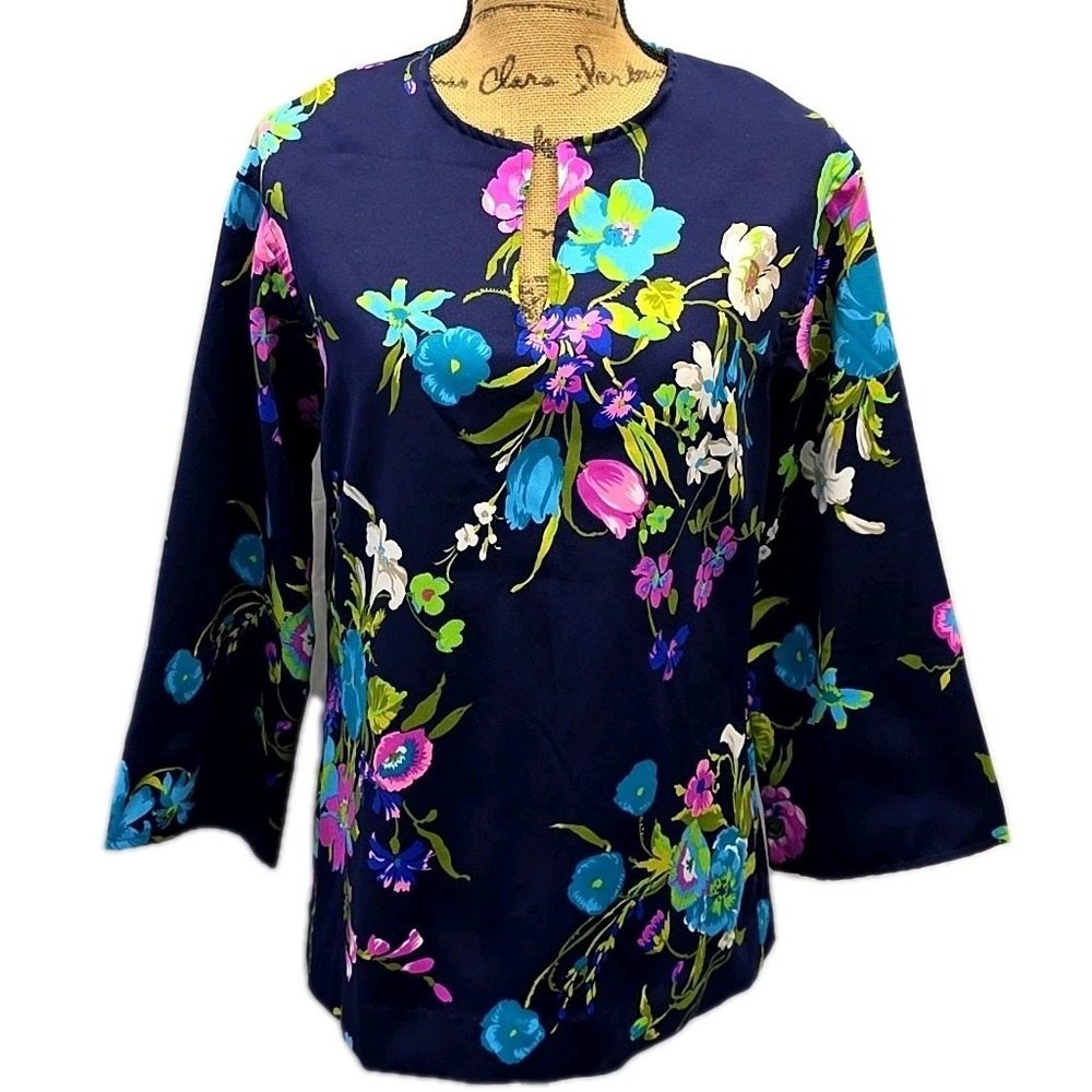 Vintage The Spectator Floral Blouse sz 12 Navy Bell Sleeve Secretary Cottagecore